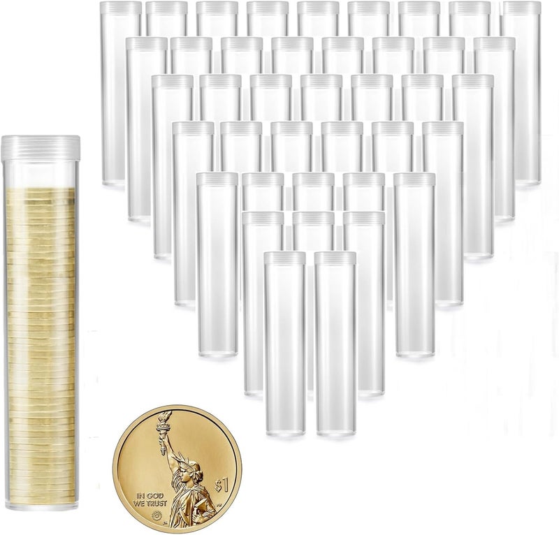 MUDOR 40 Pack Coin Storage Tube for Small Dollar, Plastic Coin Holders Tube with Screw-On Caps, Coin Collection Supplies,Long-Term Coin Storage(Small Dollar) - Image 1